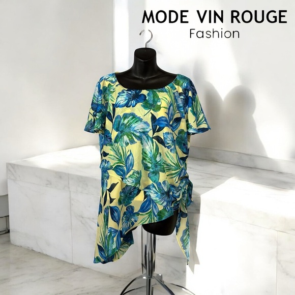 Mode Vin Rouge, Tropical Tunic With Asymmetrical Hem, Medium, Blue, Yellow - Picture 1 of 9